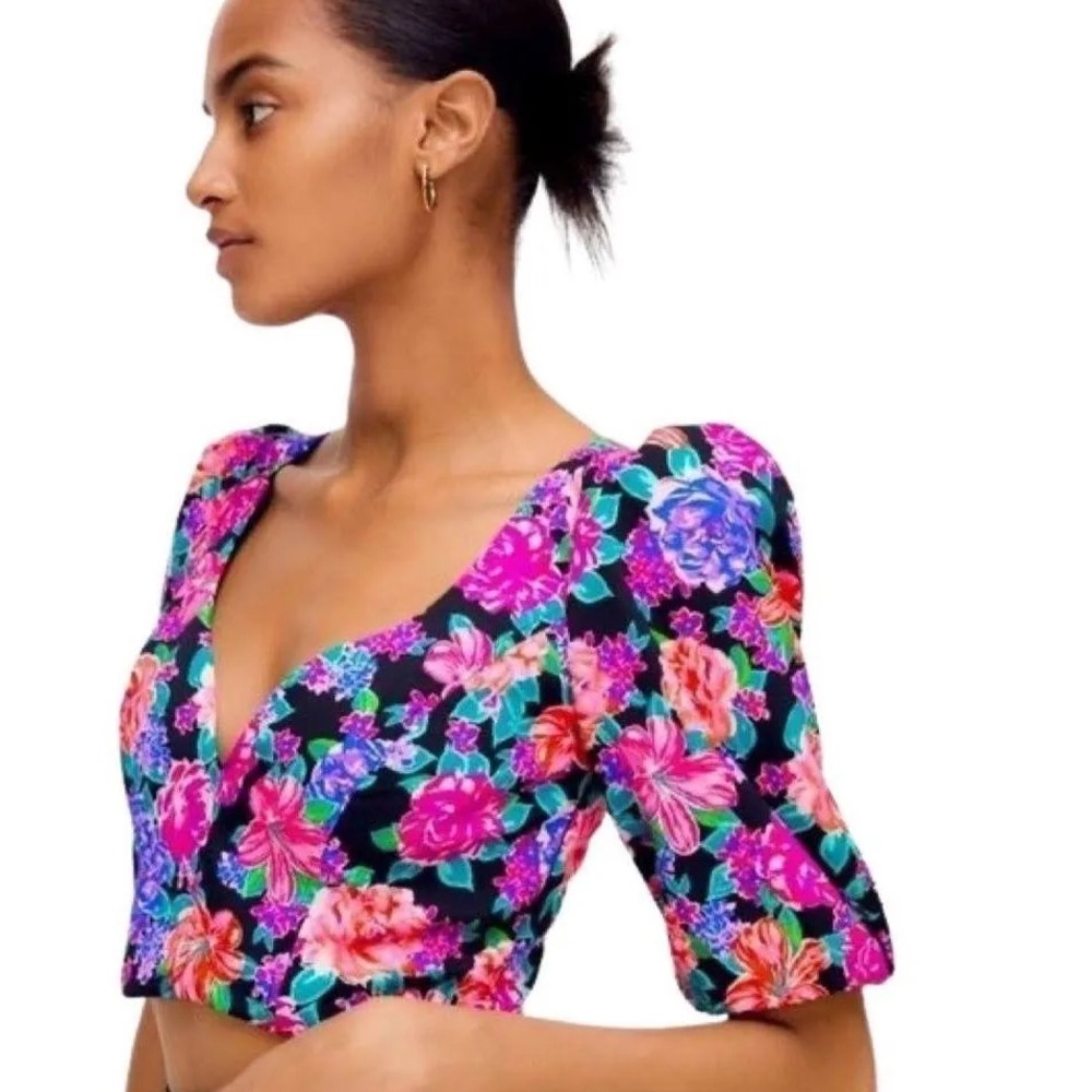 NWT Zara Floral Print Copped Top V Neck Puff Sleeves Coquette Cottagecore‎ Boho
